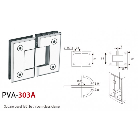 SQUARE BEVELED 180°  HINGE FOR GLASS TO GLASS DOOR. STAINLESS STEEL-CHROME.