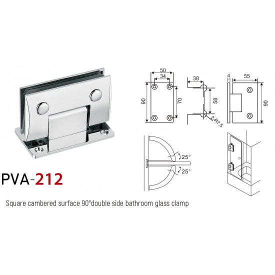SQUARE CAMBERED 90° WALL-GLASS HINGE WITH FULL BACKPLATE - CHROME FINISH-BRASS MATERIAL